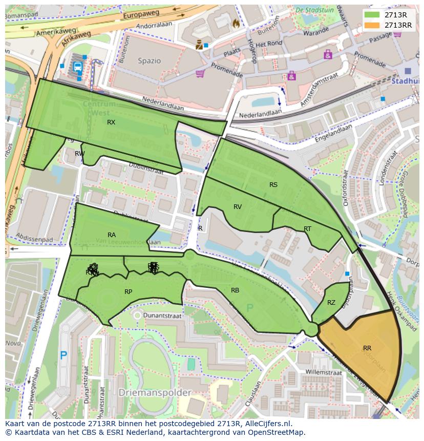 Afbeelding van het postcodegebied 2713 RR op de kaart.