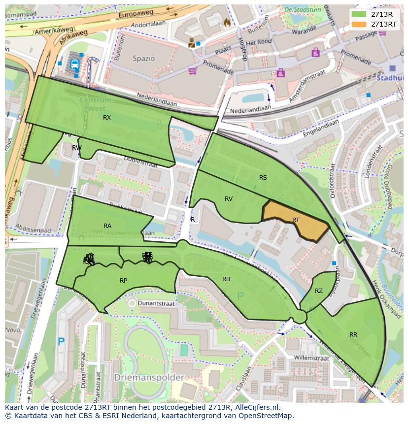 Afbeelding van het postcodegebied 2713 RT op de kaart.