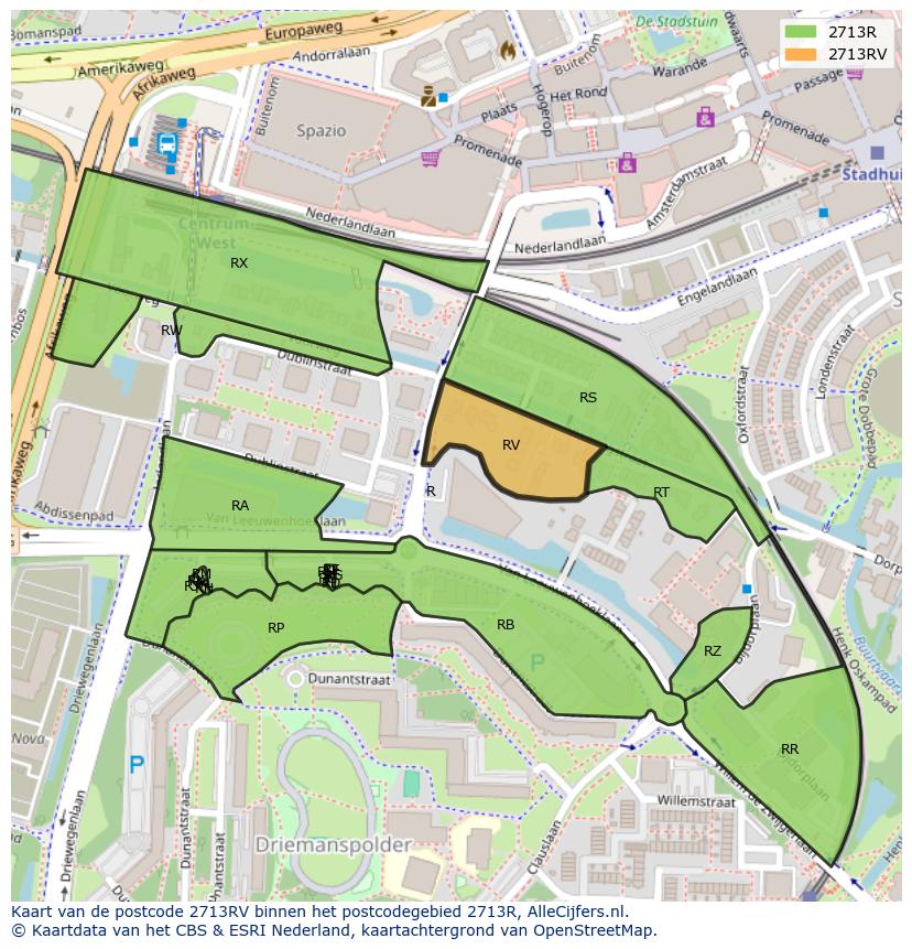 Afbeelding van het postcodegebied 2713 RV op de kaart.