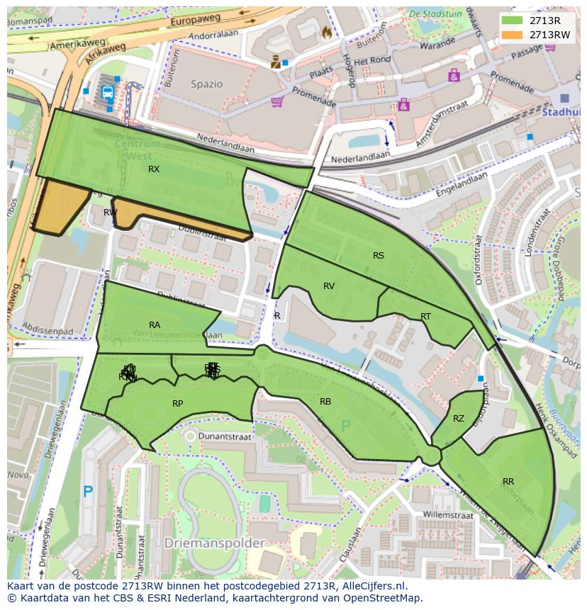 Afbeelding van het postcodegebied 2713 RW op de kaart.