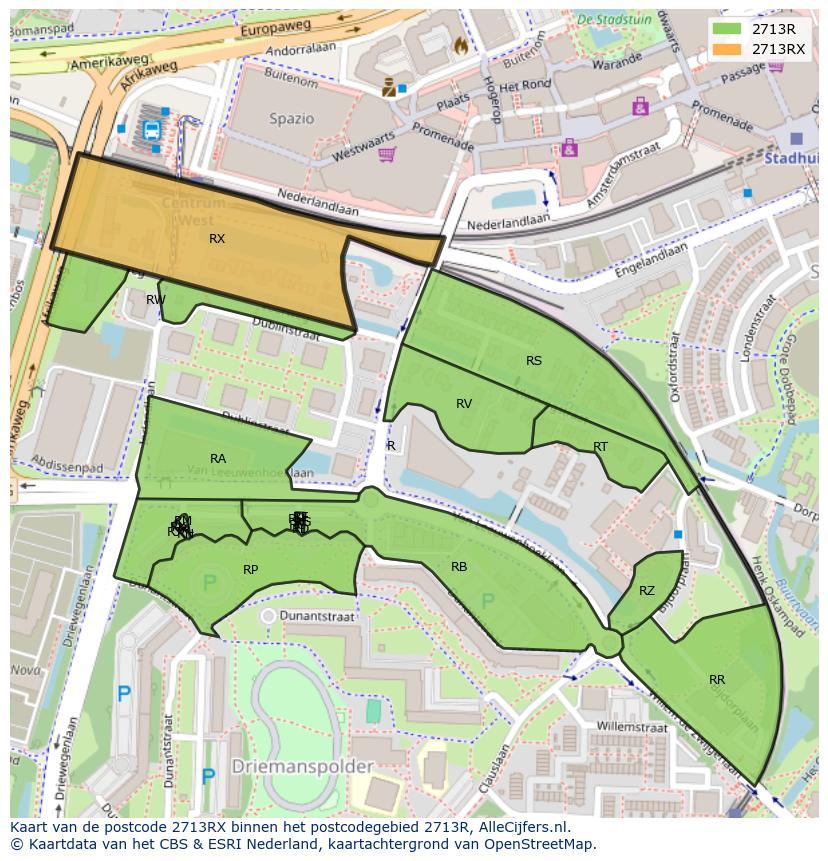 Afbeelding van het postcodegebied 2713 RX op de kaart.