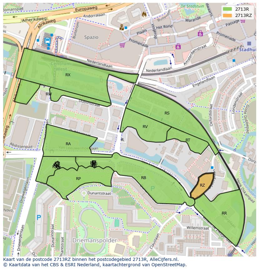 Afbeelding van het postcodegebied 2713 RZ op de kaart.