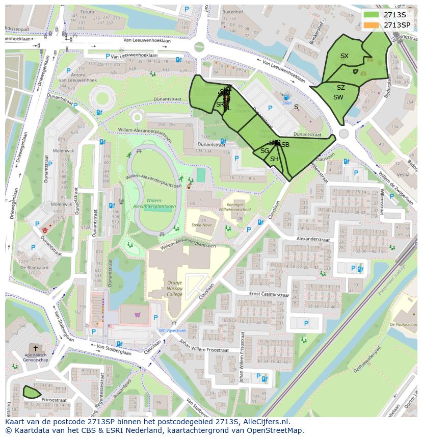Afbeelding van het postcodegebied 2713 SP op de kaart.