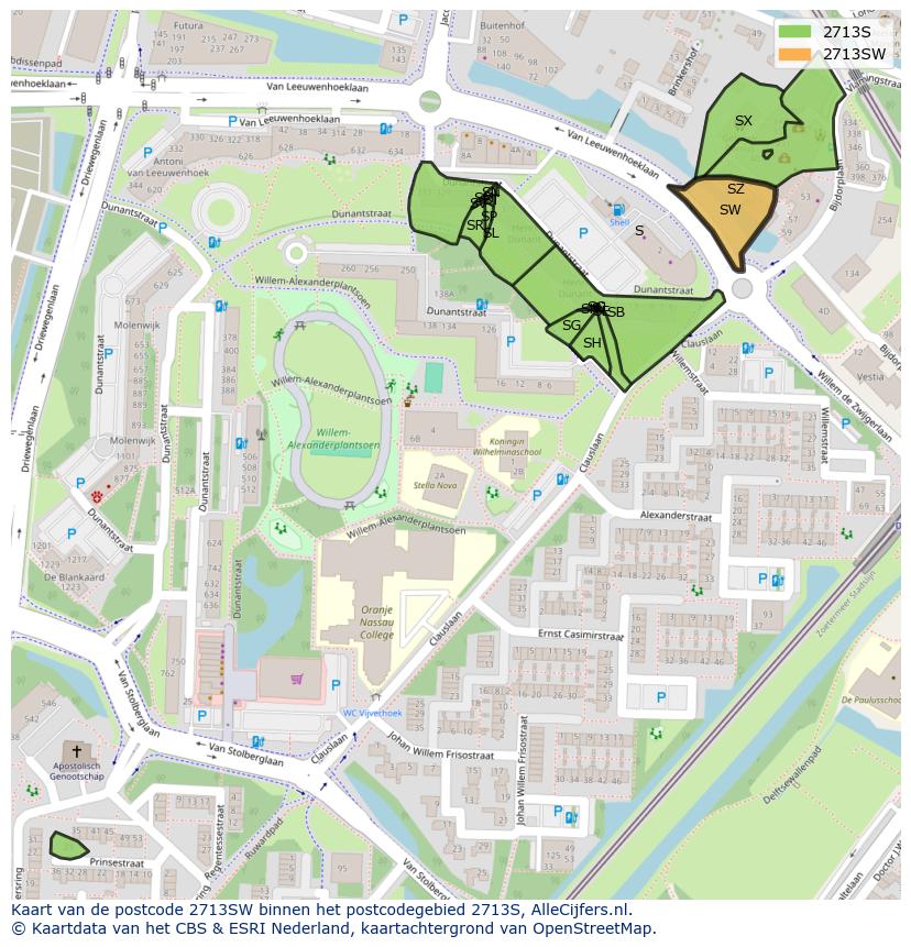 Afbeelding van het postcodegebied 2713 SW op de kaart.