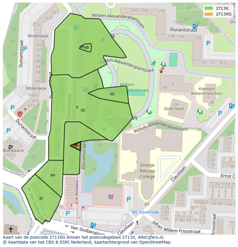 Afbeelding van het postcodegebied 2713 XG op de kaart.