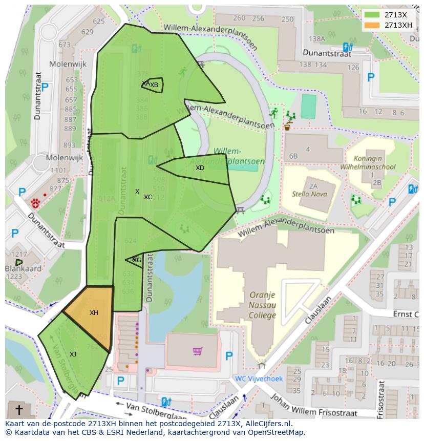 Afbeelding van het postcodegebied 2713 XH op de kaart.