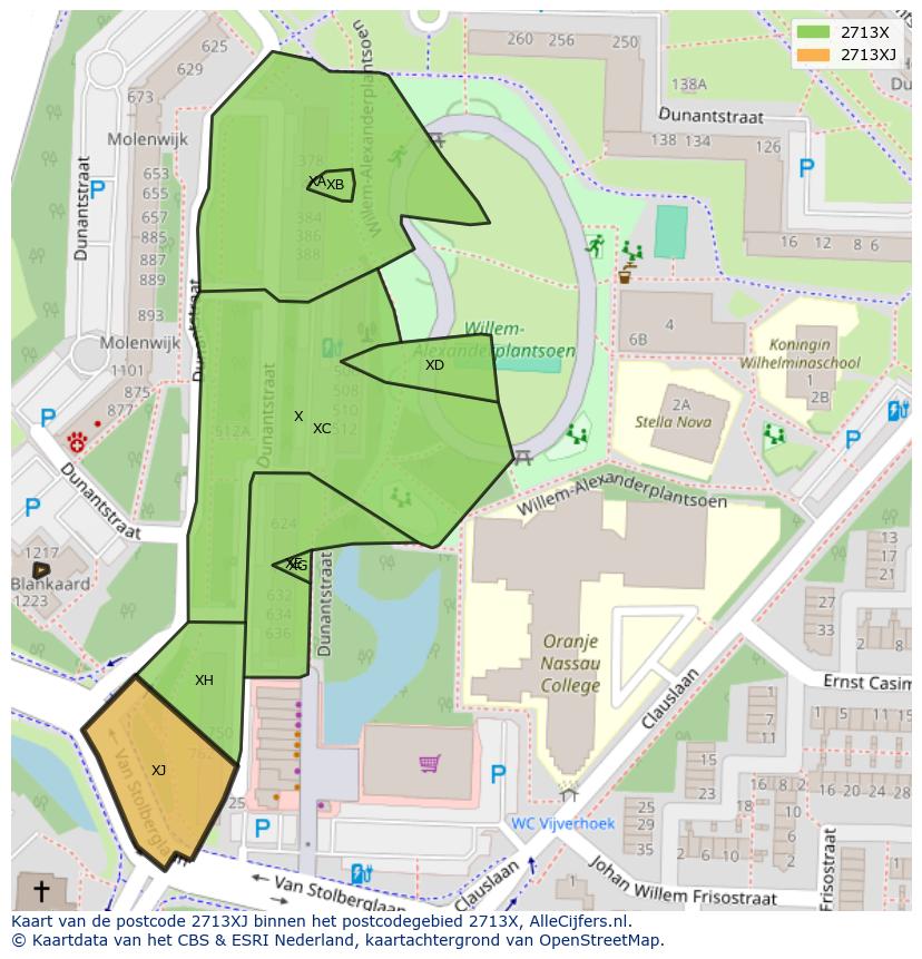 Afbeelding van het postcodegebied 2713 XJ op de kaart.