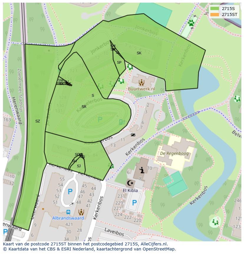 Afbeelding van het postcodegebied 2715 ST op de kaart.