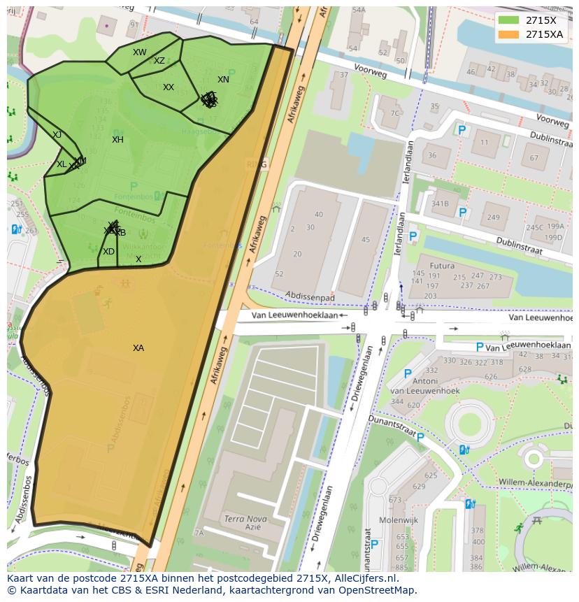 Afbeelding van het postcodegebied 2715 XA op de kaart.