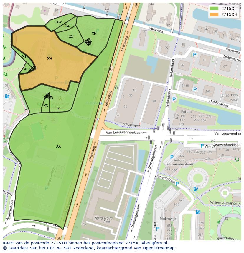 Afbeelding van het postcodegebied 2715 XH op de kaart.