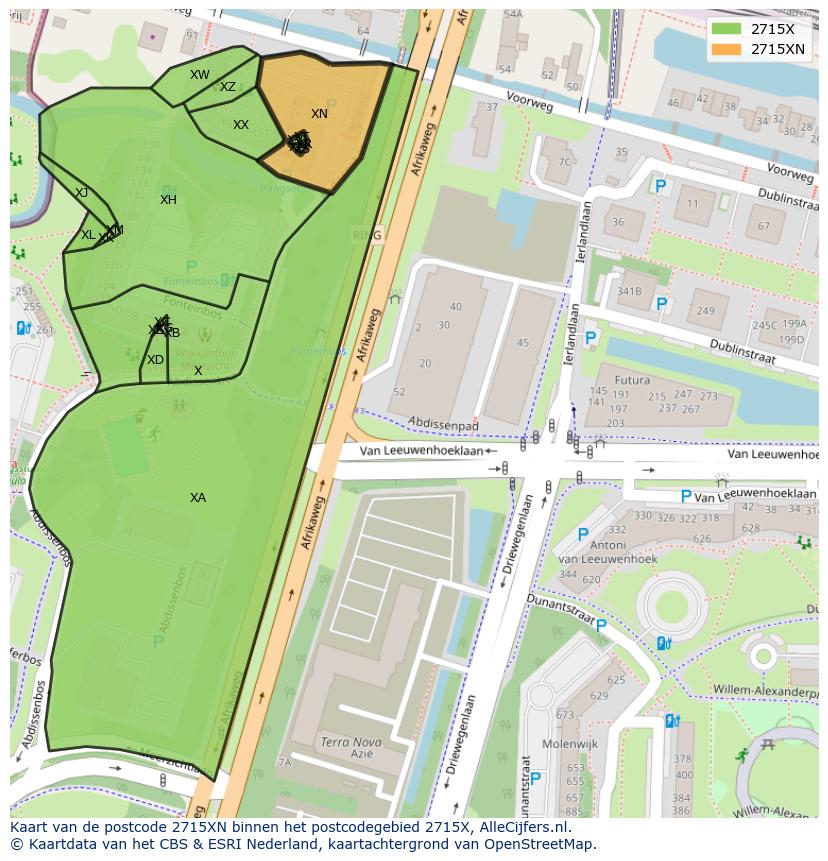 Afbeelding van het postcodegebied 2715 XN op de kaart.