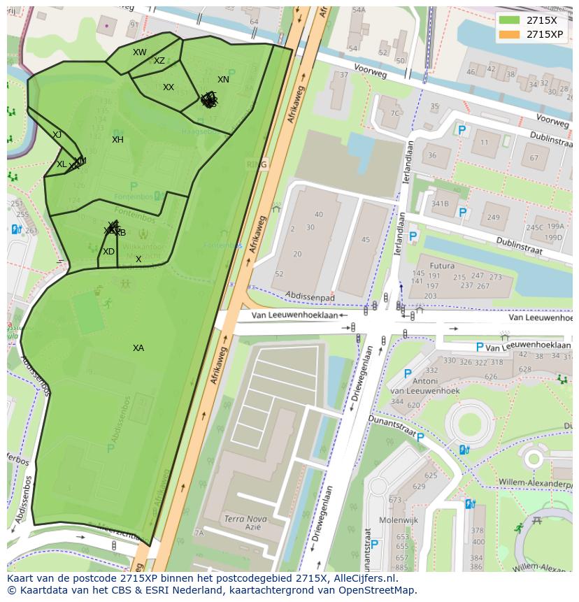 Afbeelding van het postcodegebied 2715 XP op de kaart.