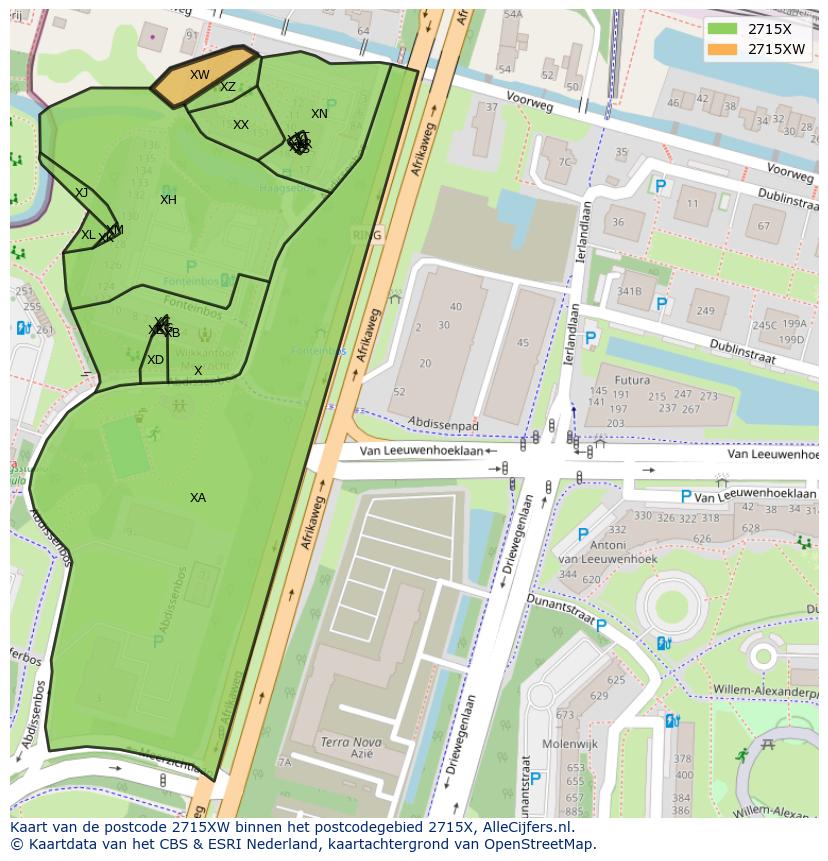 Afbeelding van het postcodegebied 2715 XW op de kaart.