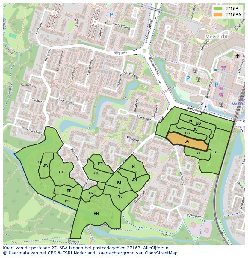 Afbeelding van het postcodegebied 2716 BA op de kaart.