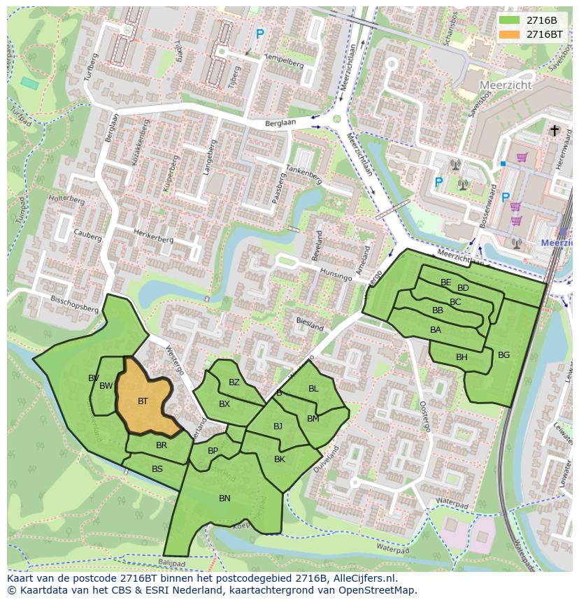 Afbeelding van het postcodegebied 2716 BT op de kaart.