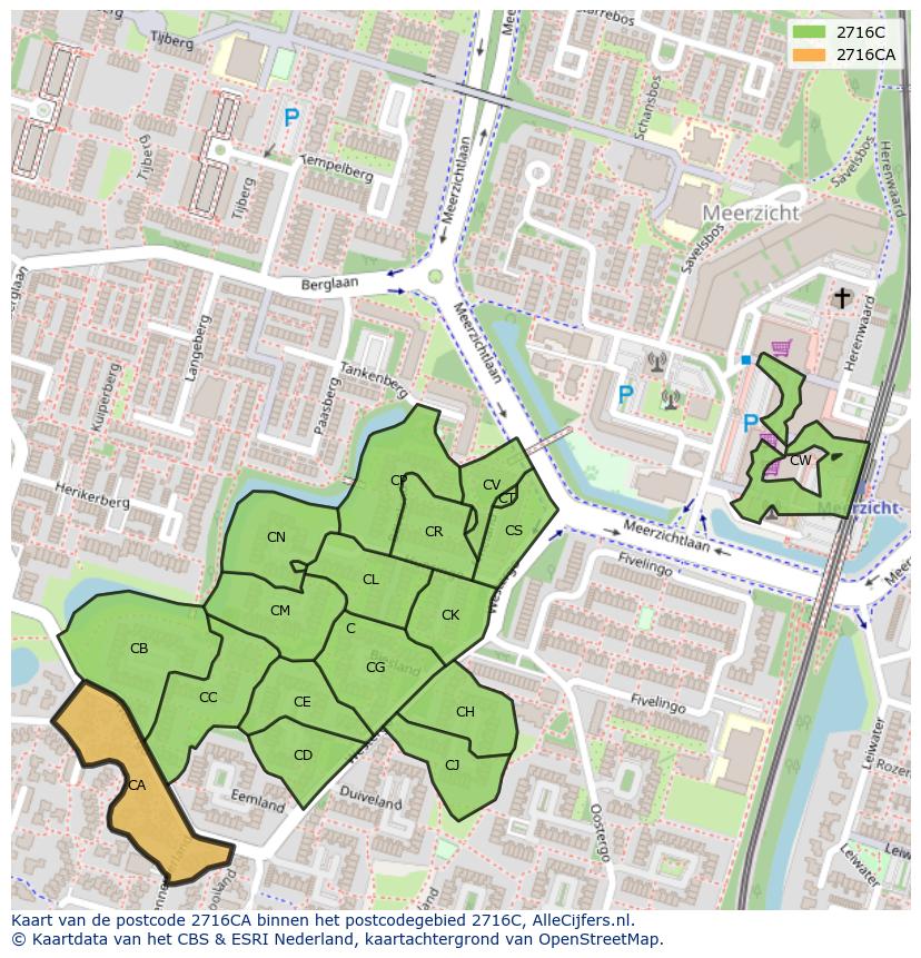 Afbeelding van het postcodegebied 2716 CA op de kaart.