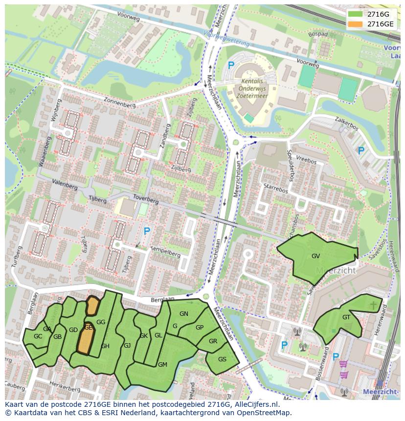 Afbeelding van het postcodegebied 2716 GE op de kaart.