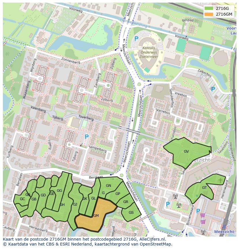 Afbeelding van het postcodegebied 2716 GM op de kaart.