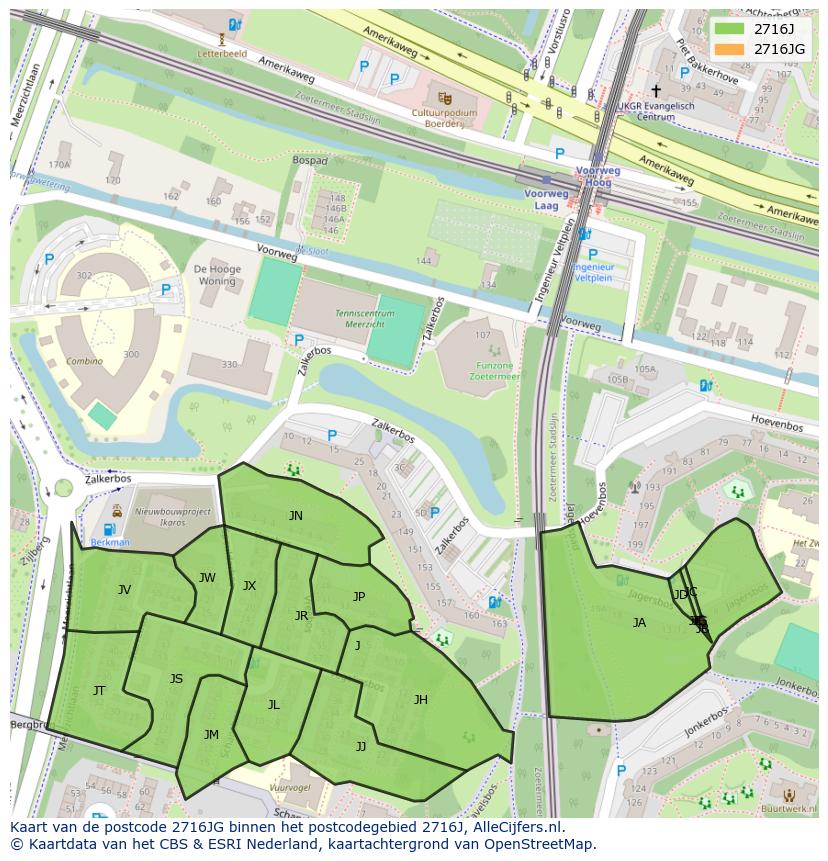 Afbeelding van het postcodegebied 2716 JG op de kaart.