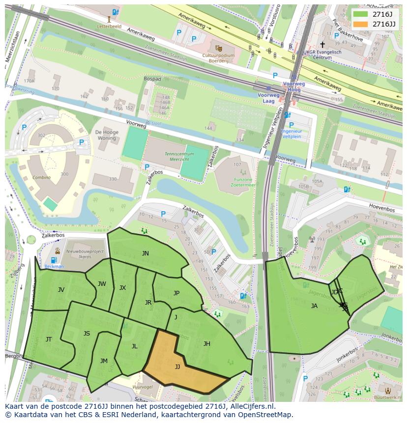 Afbeelding van het postcodegebied 2716 JJ op de kaart.