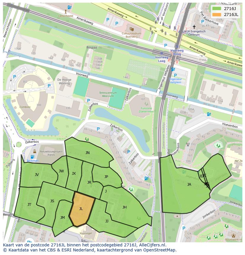 Afbeelding van het postcodegebied 2716 JL op de kaart.