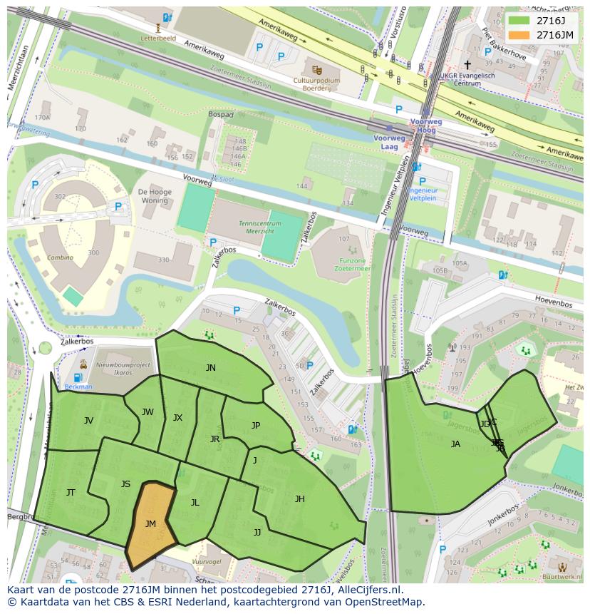 Afbeelding van het postcodegebied 2716 JM op de kaart.