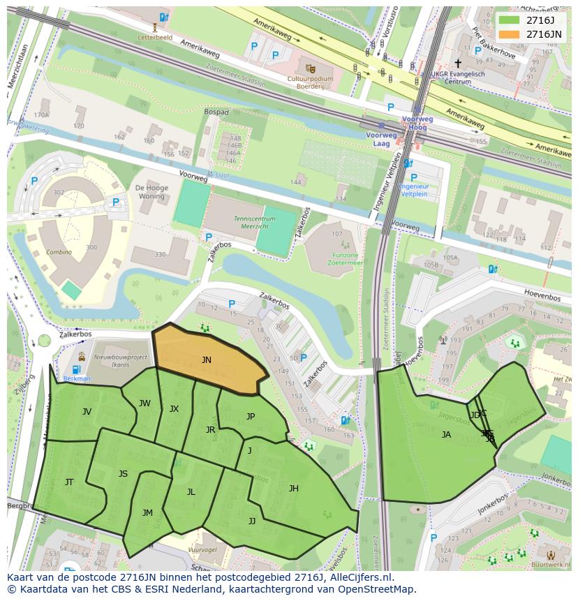 Afbeelding van het postcodegebied 2716 JN op de kaart.