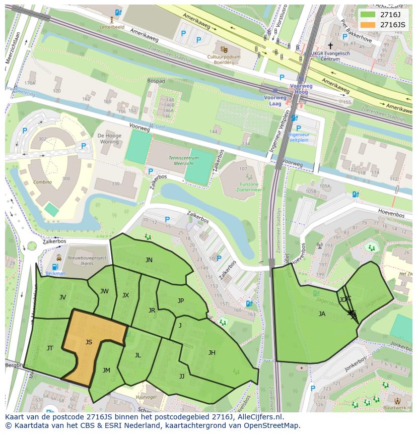 Afbeelding van het postcodegebied 2716 JS op de kaart.
