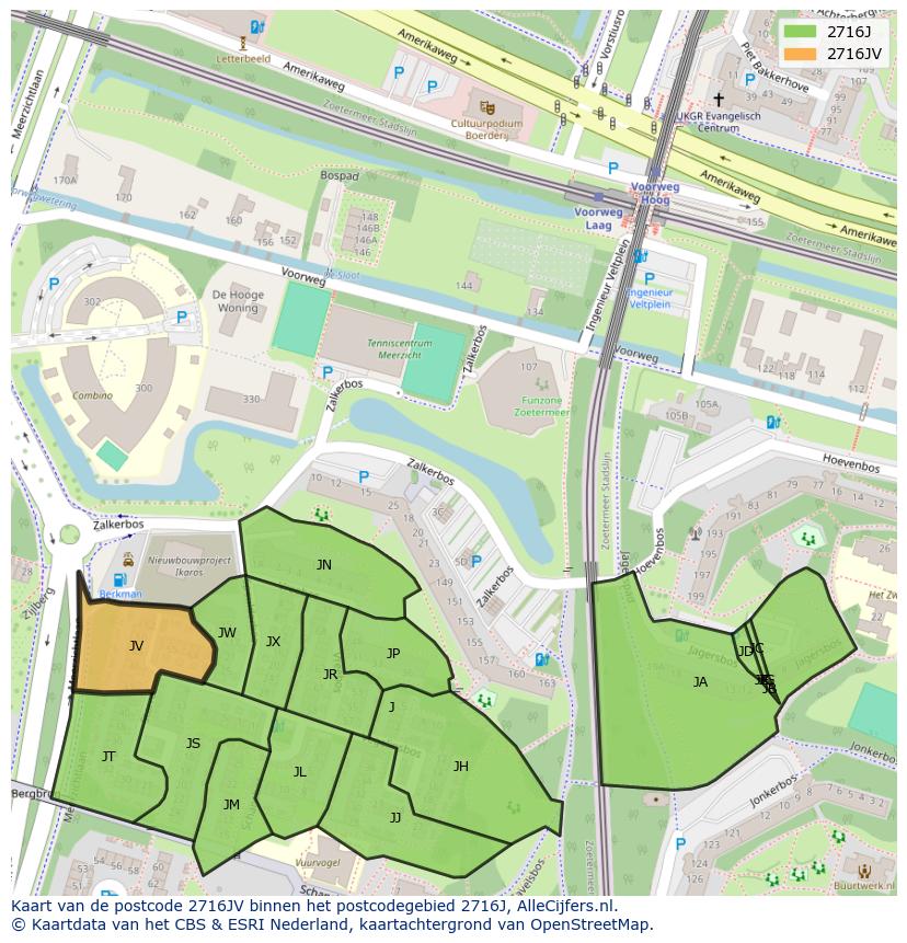 Afbeelding van het postcodegebied 2716 JV op de kaart.