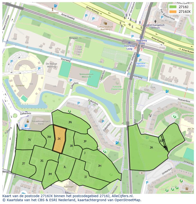 Afbeelding van het postcodegebied 2716 JX op de kaart.