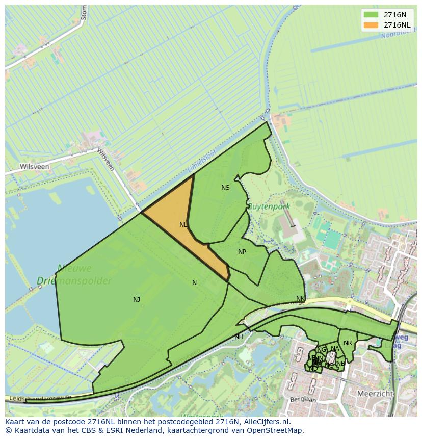 Afbeelding van het postcodegebied 2716 NL op de kaart.