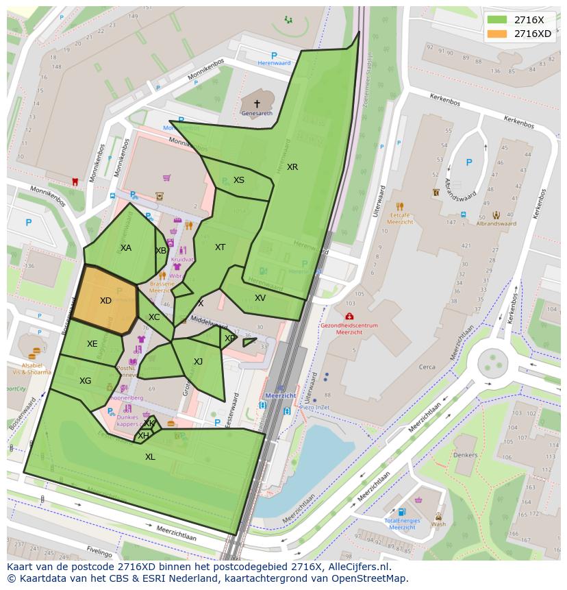 Afbeelding van het postcodegebied 2716 XD op de kaart.