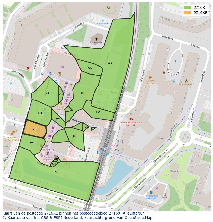 Afbeelding van het postcodegebied 2716 XE op de kaart.