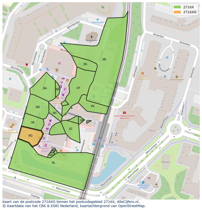 Afbeelding van het postcodegebied 2716 XG op de kaart.