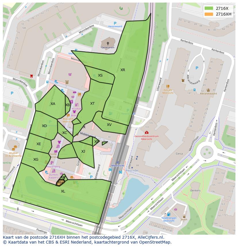Afbeelding van het postcodegebied 2716 XH op de kaart.