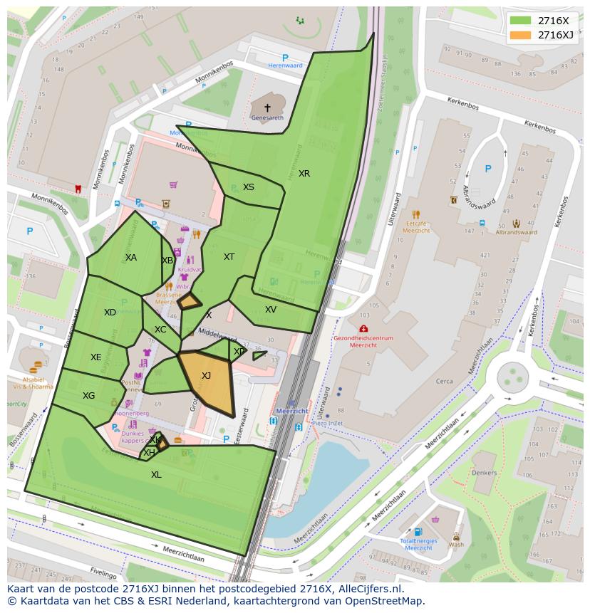 Afbeelding van het postcodegebied 2716 XJ op de kaart.