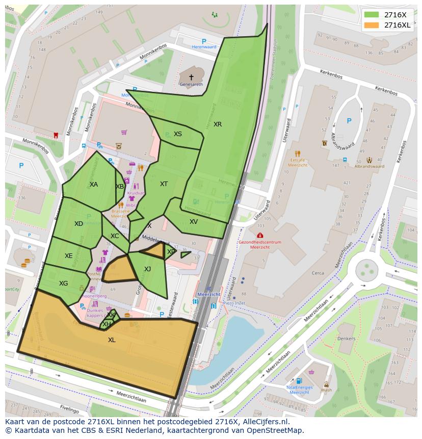 Afbeelding van het postcodegebied 2716 XL op de kaart.