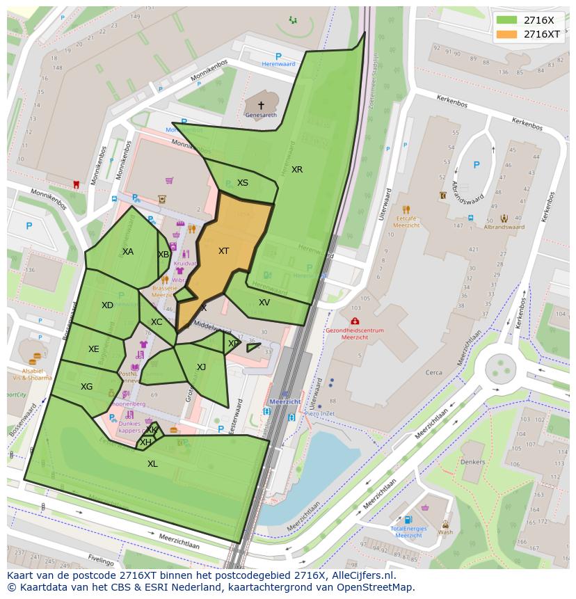 Afbeelding van het postcodegebied 2716 XT op de kaart.