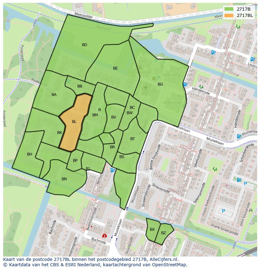 Afbeelding van het postcodegebied 2717 BL op de kaart.