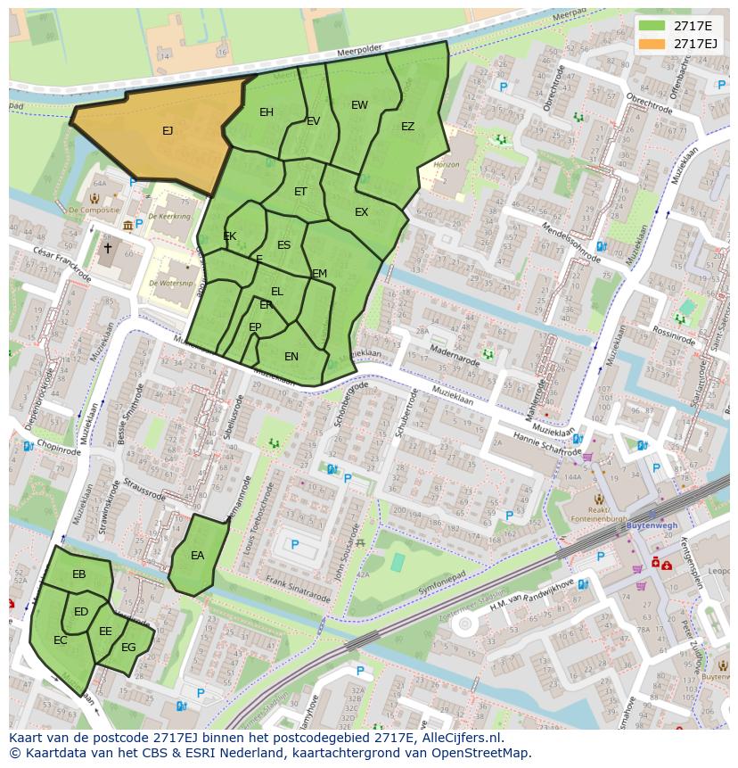 Afbeelding van het postcodegebied 2717 EJ op de kaart.