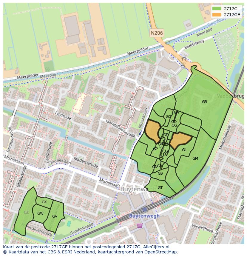 Afbeelding van het postcodegebied 2717 GE op de kaart.