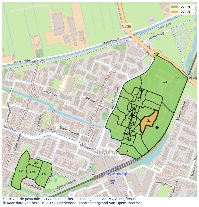Afbeelding van het postcodegebied 2717 GL op de kaart.