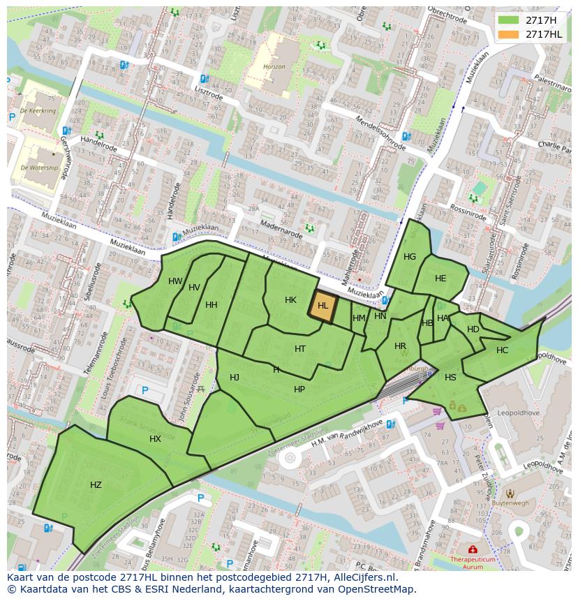 Afbeelding van het postcodegebied 2717 HL op de kaart.