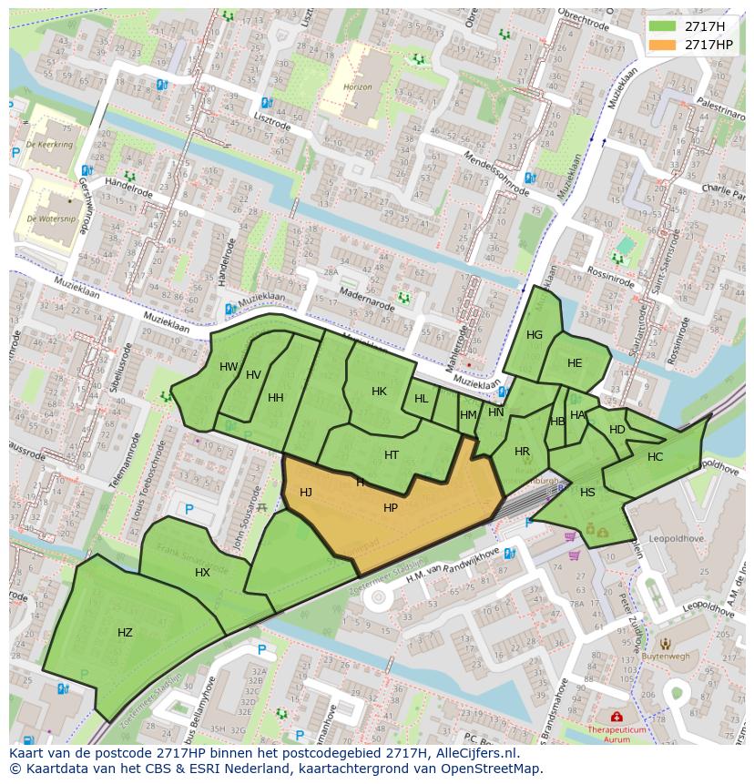 Afbeelding van het postcodegebied 2717 HP op de kaart.