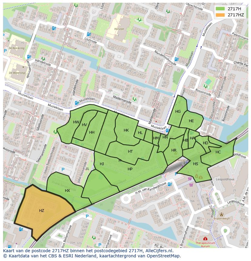 Afbeelding van het postcodegebied 2717 HZ op de kaart.
