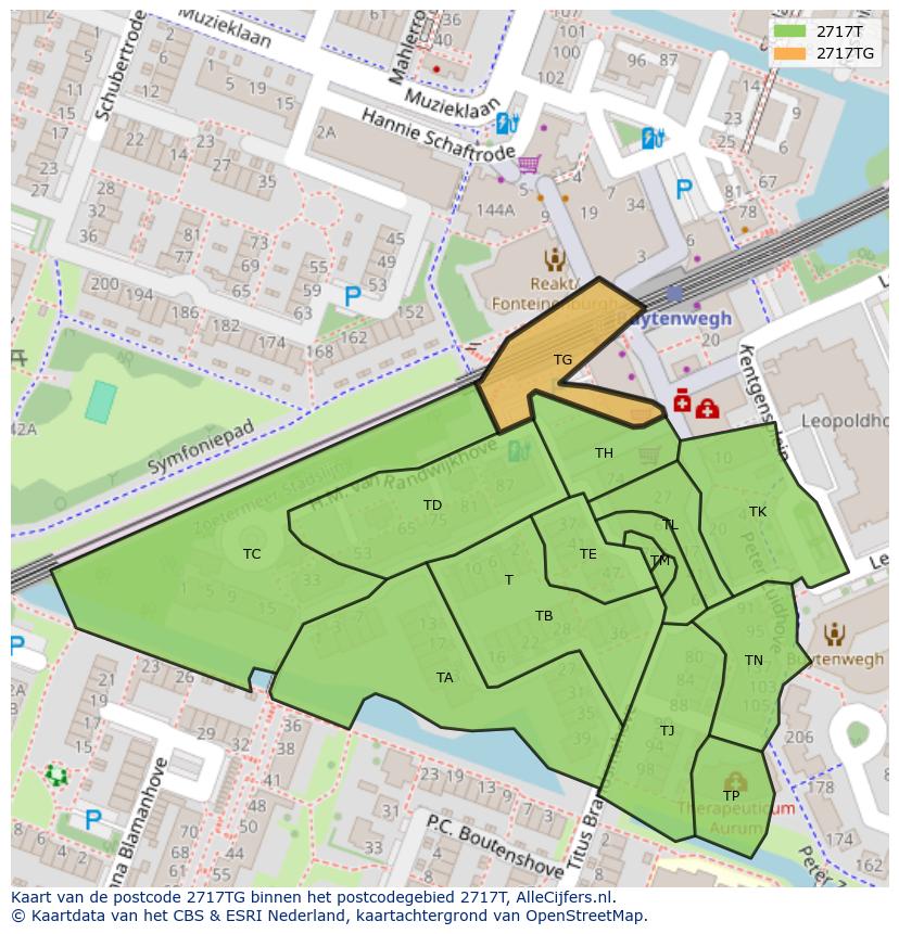 Afbeelding van het postcodegebied 2717 TG op de kaart.
