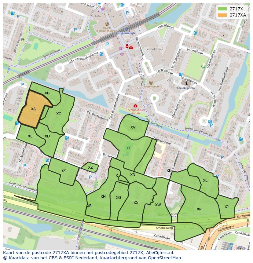 Afbeelding van het postcodegebied 2717 XA op de kaart.