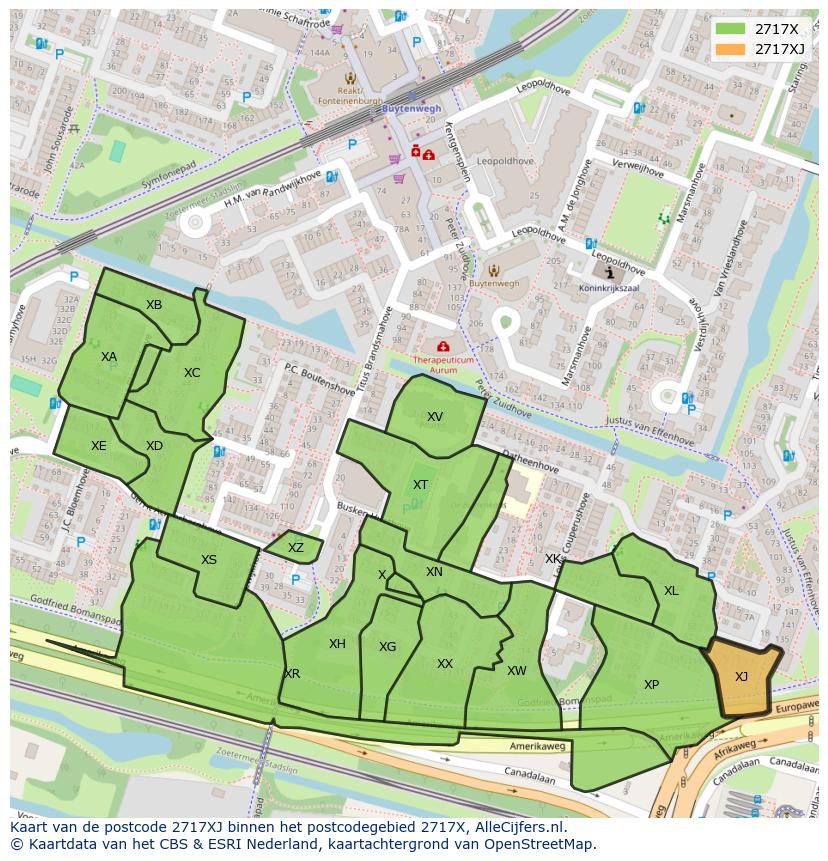 Afbeelding van het postcodegebied 2717 XJ op de kaart.