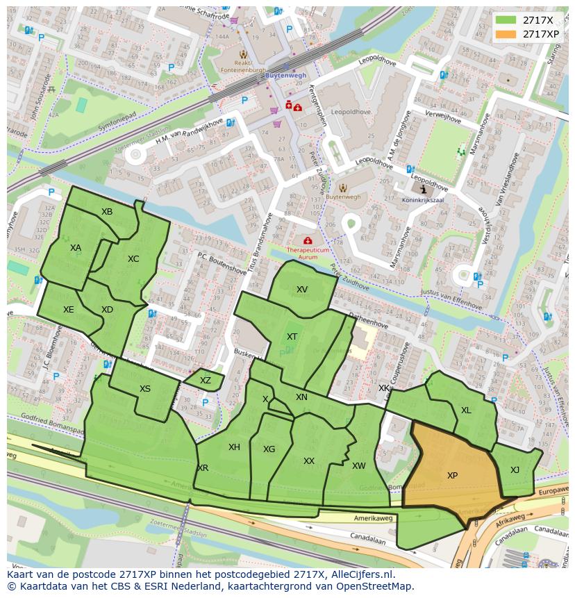 Afbeelding van het postcodegebied 2717 XP op de kaart.