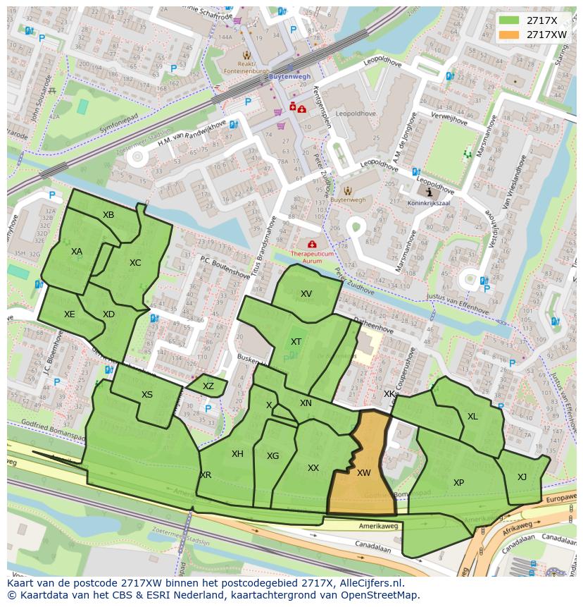Afbeelding van het postcodegebied 2717 XW op de kaart.